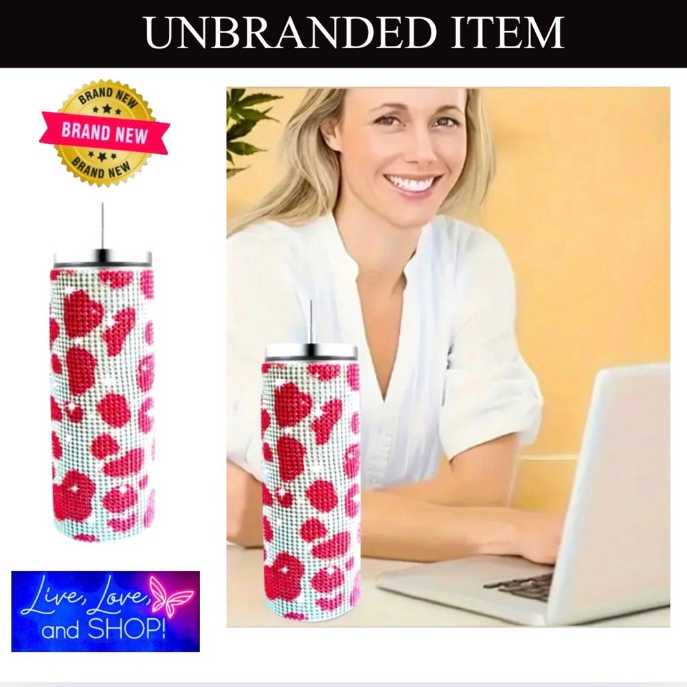 Red/White Cow Print Stainless Steel Insulated Water Bottle w/Lid & Straw, NWOT